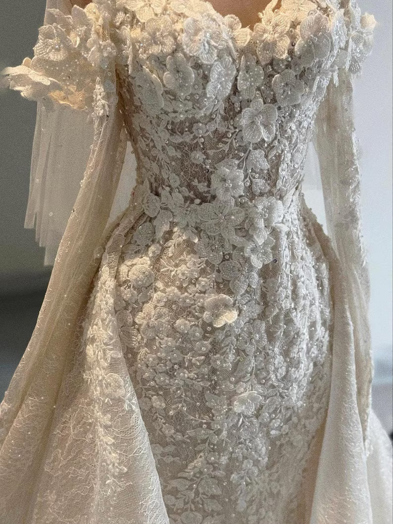 Custom 3D Floral Wedding Dress, Lace Off Shoulder Gown