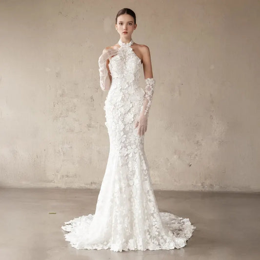 Halter 3D Floral Mermaid Lace Wedding Dress – Embroidered Mermaid Bridal Gown with Open Back