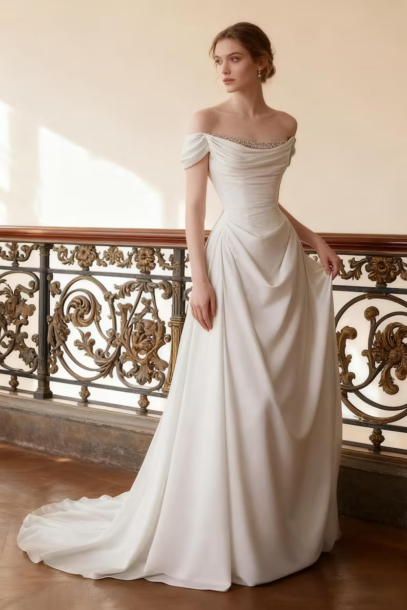Wedding Dress Off Shoulder Satin A Line | Bridal Gown with Draped Detailing Choker Style