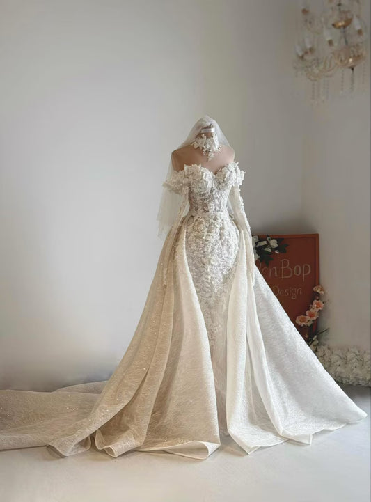 Custom 3D Floral Wedding Dress, Lace Off Shoulder Gown