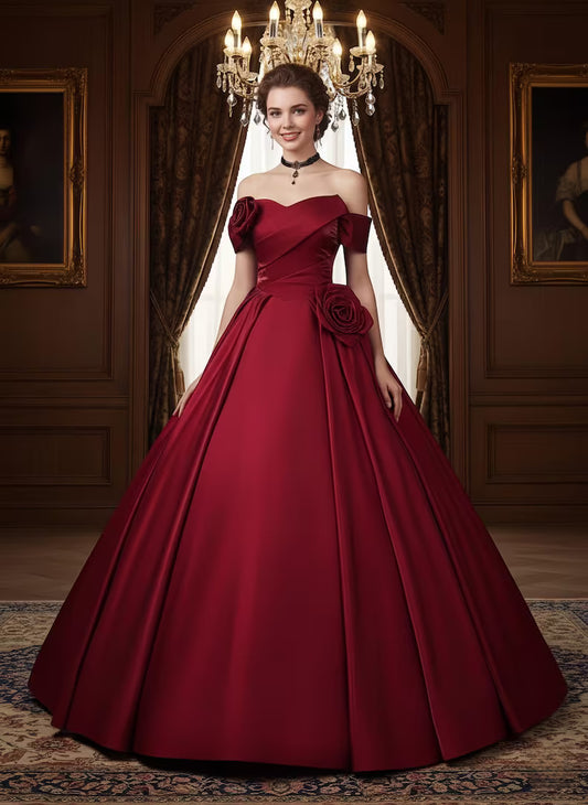 Luxury Red Stain Prom Dress for Wedding,Gift for Bride,Bridesmaid Dress,Red Rose Off-shouder Ball Gown,Formal Long Dress,Bridal Shower Dress