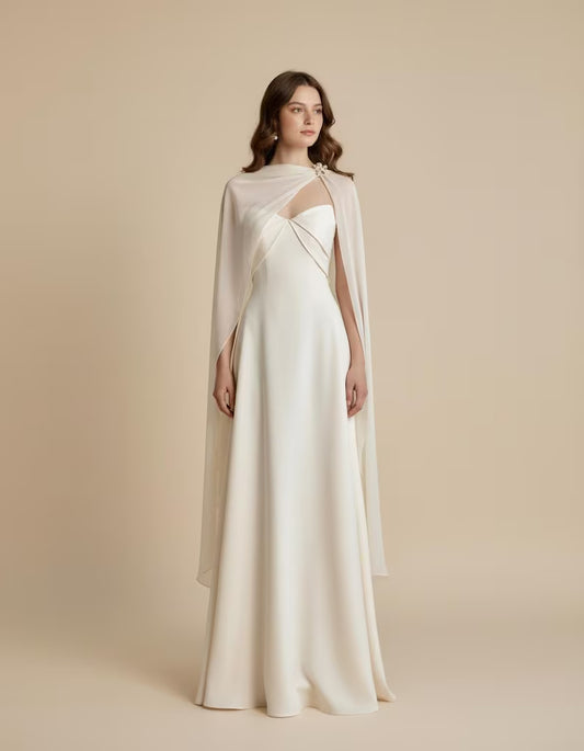 Luxury Silk Dress with Elegant Chiffon Cape | Wedding Guest Dress Elegant Gown | High Neck Bridesmaid Dress | Prom Dress | Silk Satin Dress