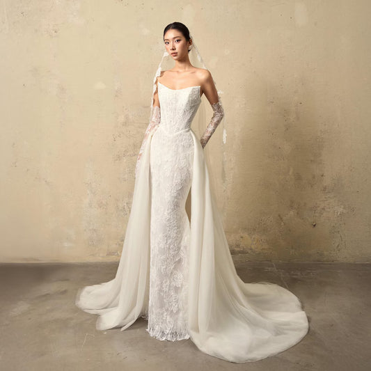 Lace Mermaid Wedding Dress, Elegant Strapless Bridal Gown, Fitted Lace Bridal Dress with Train, Modern Mermaid Wedding Gown, Custom Made