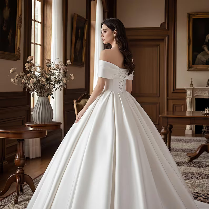 Elegant White Stain Off Shouder Wedding Prom Dress,White Flower Dress,Satin Ball Gown Puff, a Line Formal Dress,Birthday Gown,Gift for Bride