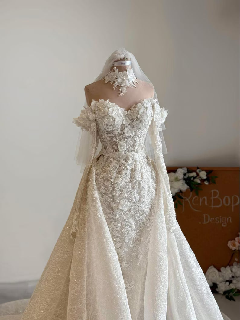 Custom 3D Floral Wedding Dress, Lace Off Shoulder Gown