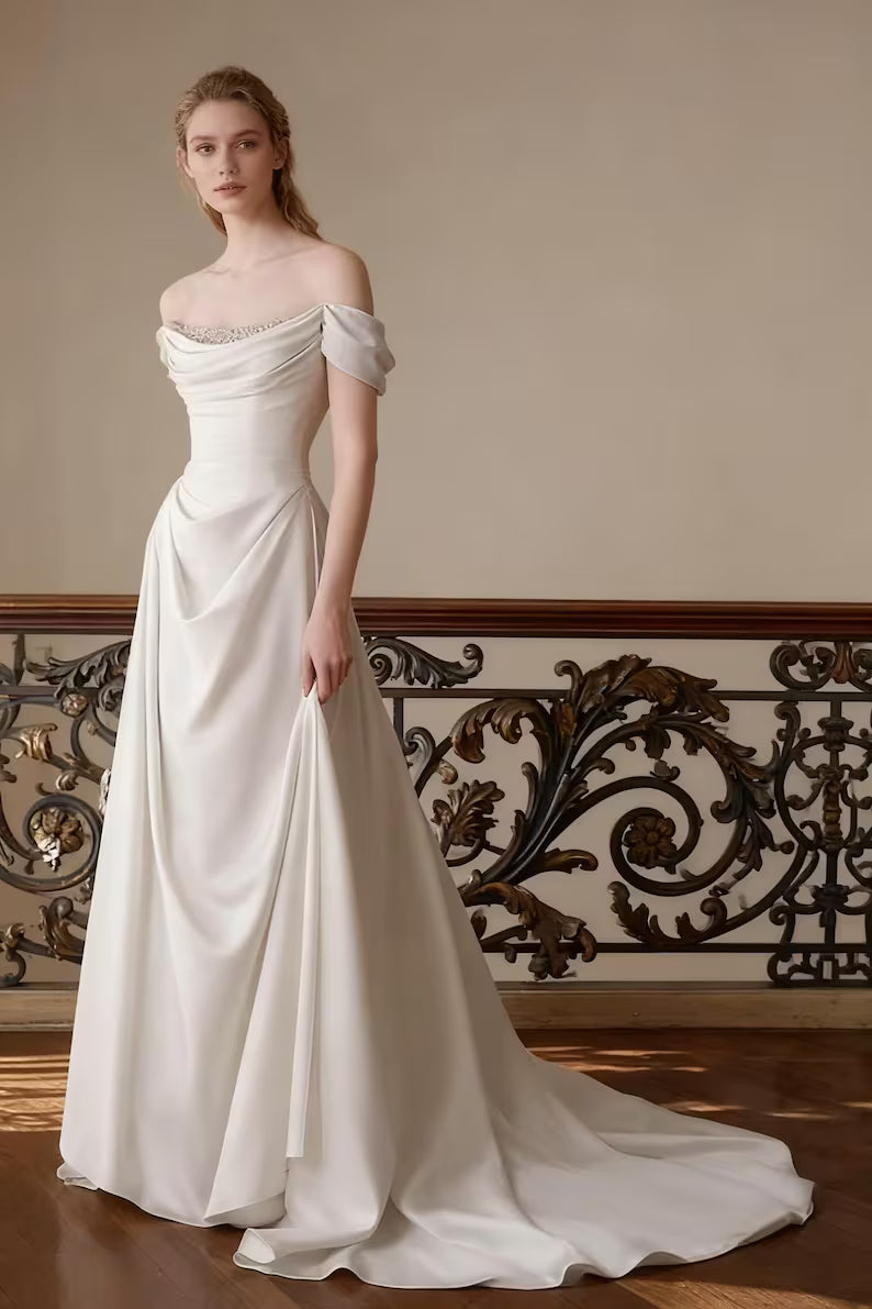 Wedding Dress Off Shoulder Satin A Line | Bridal Gown with Draped Detailing Choker Style
