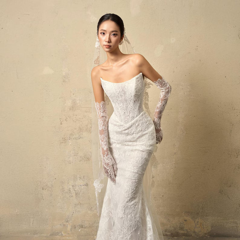 Lace Mermaid Wedding Dress, Elegant Strapless Bridal Gown, Fitted Lace Bridal Dress with Train, Modern Mermaid Wedding Gown, Custom Made