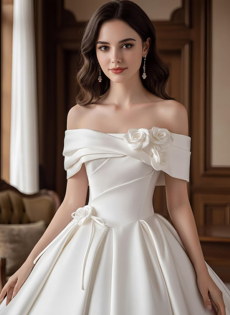 Elegant White Stain Off Shouder Wedding Prom Dress,White Flower Dress,Satin Ball Gown Puff, a Line Formal Dress,Birthday Gown,Gift for Bride