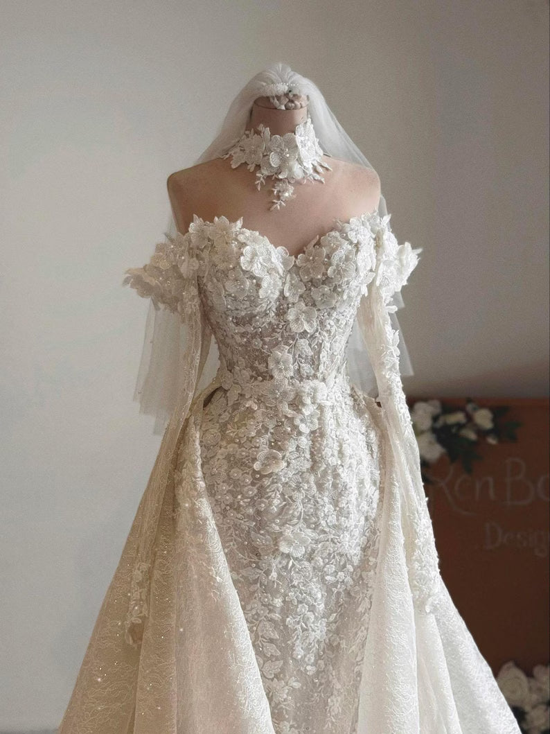 Custom 3D Floral Wedding Dress, Lace Off Shoulder Gown