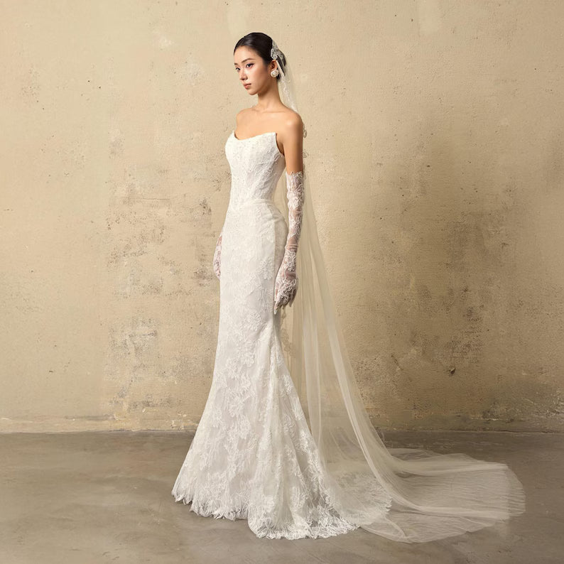 Lace Mermaid Wedding Dress, Elegant Strapless Bridal Gown, Fitted Lace Bridal Dress with Train, Modern Mermaid Wedding Gown, Custom Made