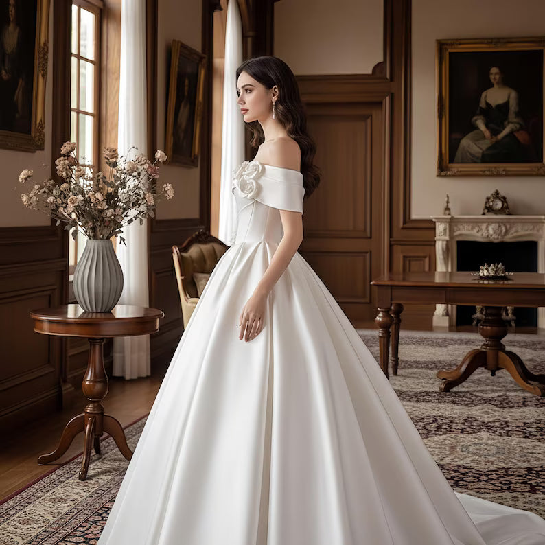 Elegant White Stain Off Shouder Wedding Prom Dress,White Flower Dress,Satin Ball Gown Puff, a Line Formal Dress,Birthday Gown,Gift for Bride