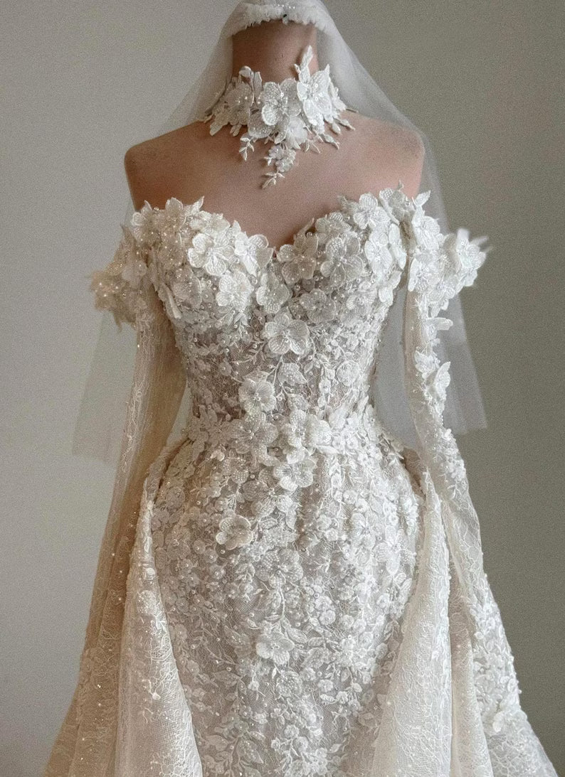 Custom 3D Floral Wedding Dress, Lace Off Shoulder Gown