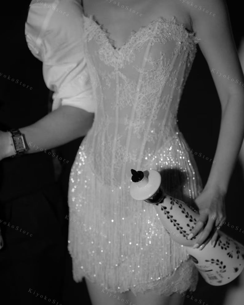 After party dress wedding. Sparkly wedding dress. Receptionist dress. Fringe short dress. Beaded short dress. Prom dress.