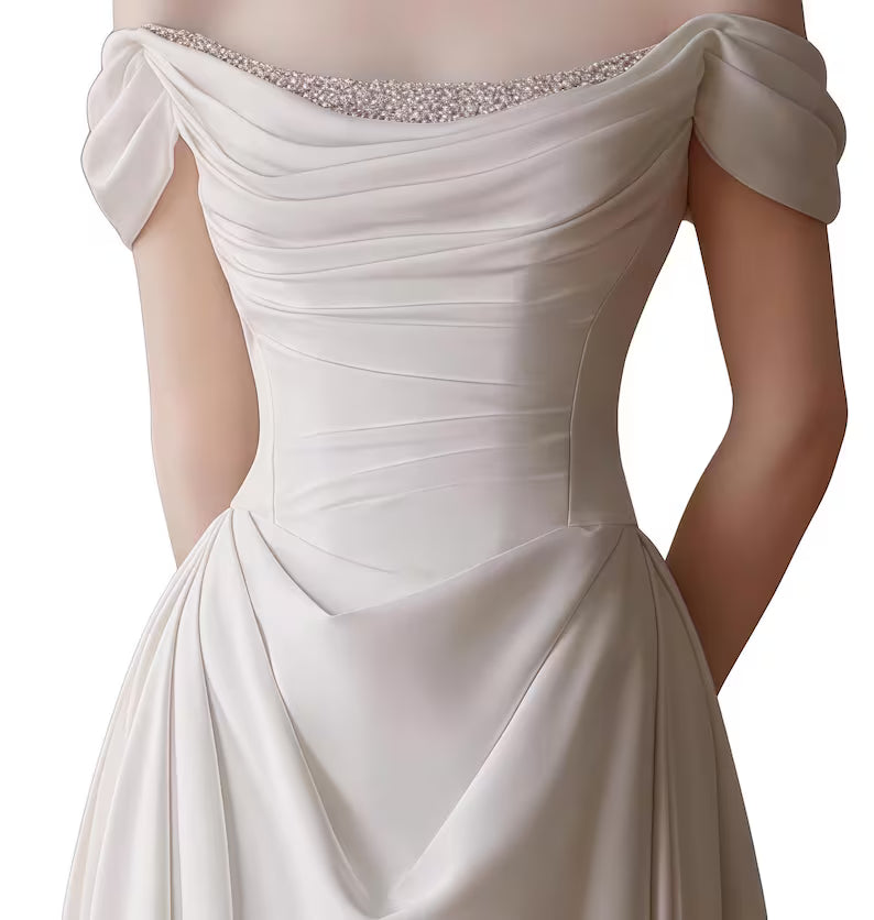 Wedding Dress Off Shoulder Satin A Line | Bridal Gown with Draped Detailing Choker Style