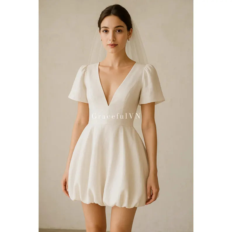 Bridemaid Dress Puff Skirt Wedding Dress Short Bubble Hem Dress Wedding Guest Dress Custom Dress Vintage Dress Midi Dress Romantic Dress