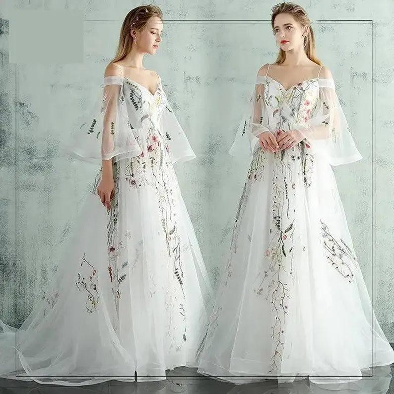 Colorful Floral Lace Wedding Dress,Custom Fairy Tale Evening Dress, Garden Party or Prom Dress. Custom wedding dress.