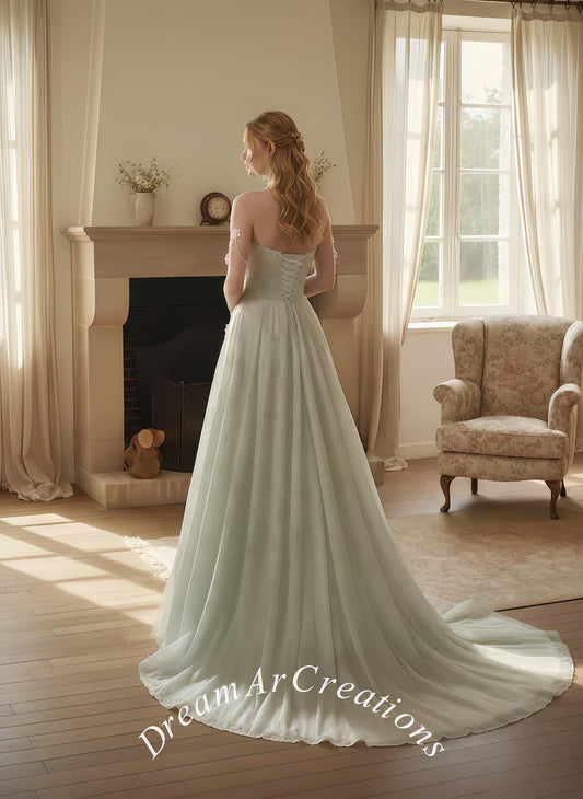 Sage Green 3D Floral Bridal Gown, Floral Cottagecore Wedding Dress, Fairy Princess Dress for Girls, 3D Floral Tulle Gown